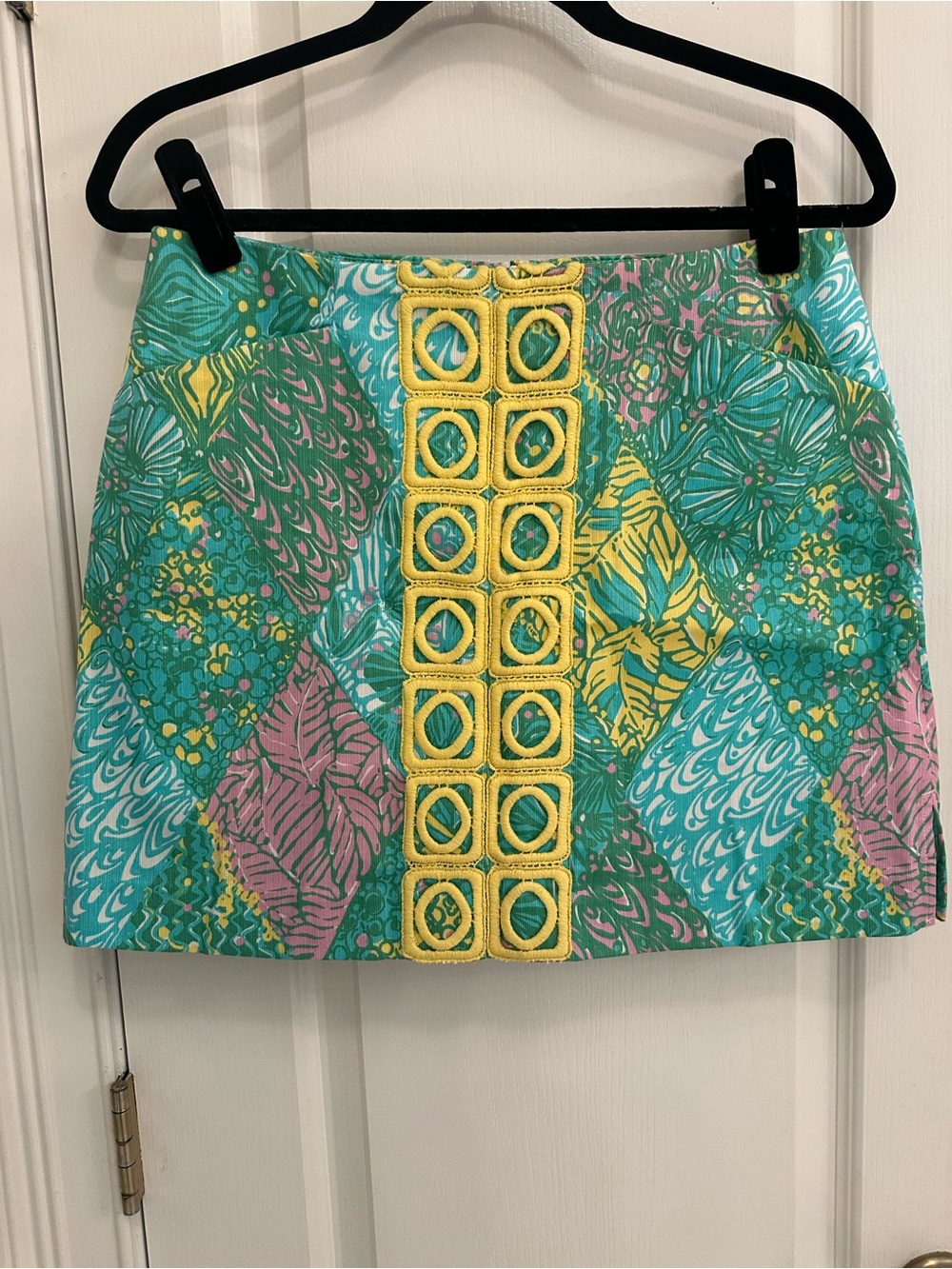 Lilly Pulitzer Turquoise, Yellow & Pink Patchwork Mini Skirt